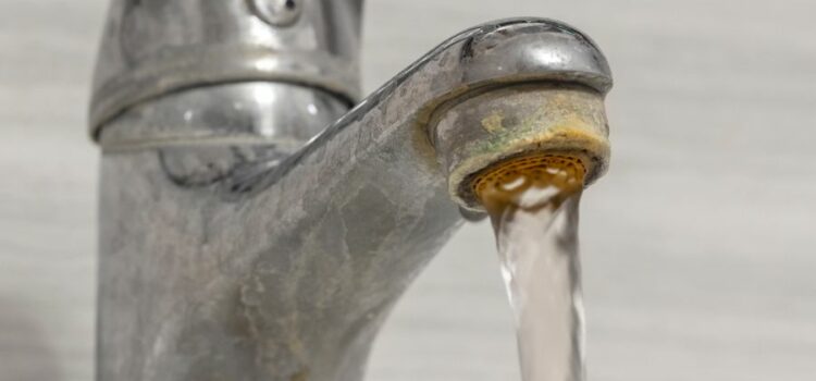 Calcium buildup on a sink faucet.