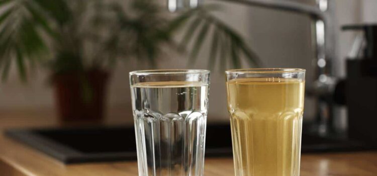 Clear and murky water glasses, highlighting the need for Katy water softeners.